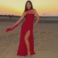 Elegant Strapless Maxi Dress Women Chic Scarf Neck High Split Long Evening Dress Bodycon Prom Party Wedding Guest Vestidos