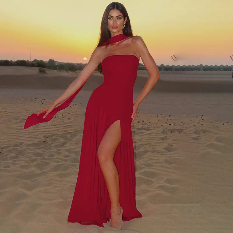 Elegant Strapless Maxi Dress Women Chic Scarf Neck High Split Long Evening Dress Bodycon Prom Party Wedding Guest Vestidos