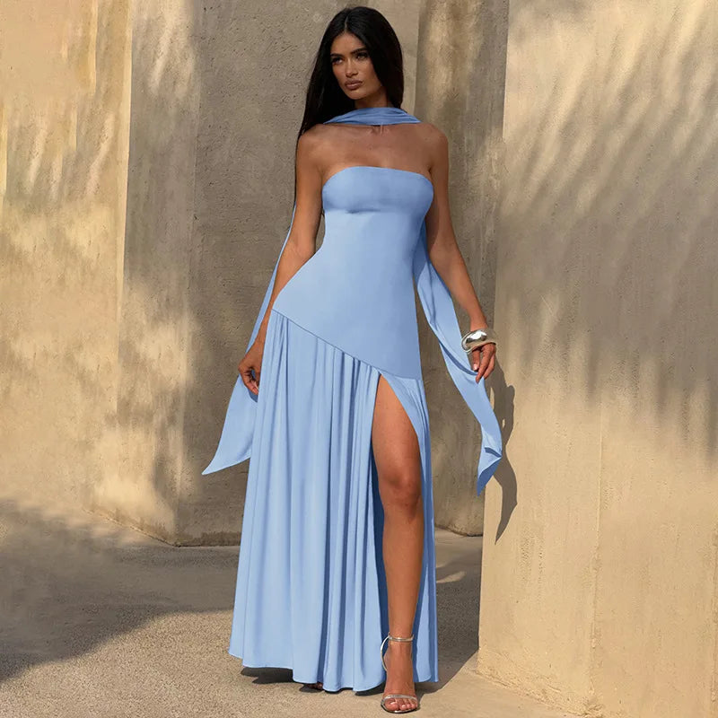 Elegant Strapless Maxi Dress Women Chic Scarf Neck High Split Long Evening Dress Bodycon Prom Party Wedding Guest Vestidos - Color: Blue, Size: L