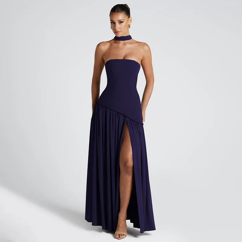 Elegant Strapless Maxi Dress Women Chic Scarf Neck High Split Long Evening Dress Bodycon Prom Party Wedding Guest Vestidos - Color: Dark Blue, Size: L