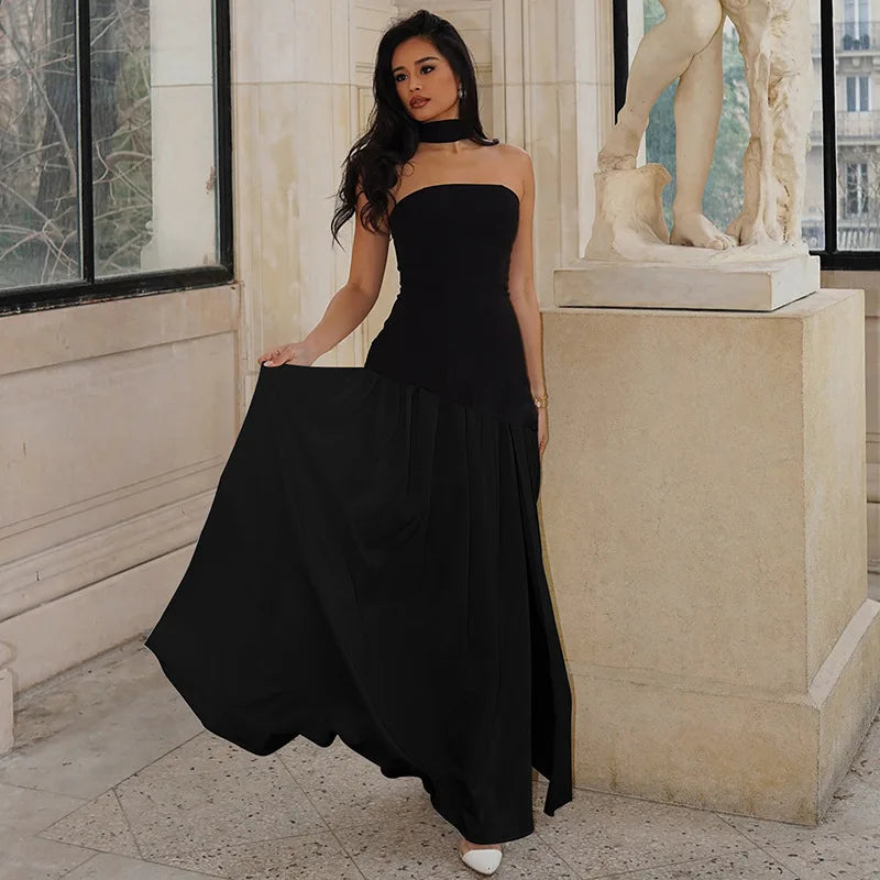 Elegant Strapless Maxi Dress Women Chic Scarf Neck High Split Long Evening Dress Bodycon Prom Party Wedding Guest Vestidos - Color: BLACK, Size: L