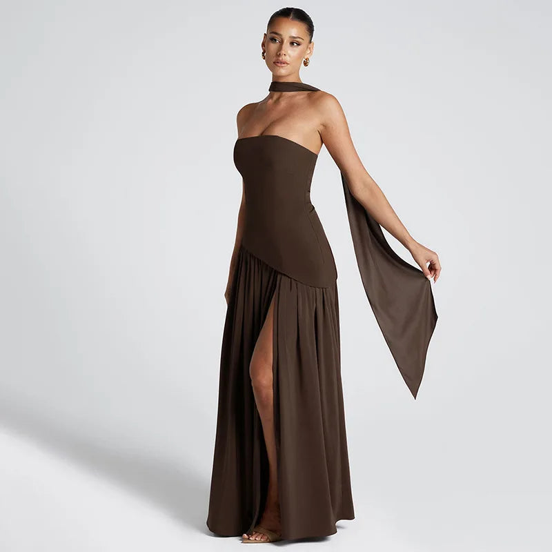 Elegant Strapless Maxi Dress Women Chic Scarf Neck High Split Long Evening Dress Bodycon Prom Party Wedding Guest Vestidos - Color: Dark Brown, Size: L